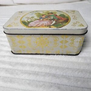 Vintage Romantic Tin Box: Rococo Courting Scene, Gold Scroll Design